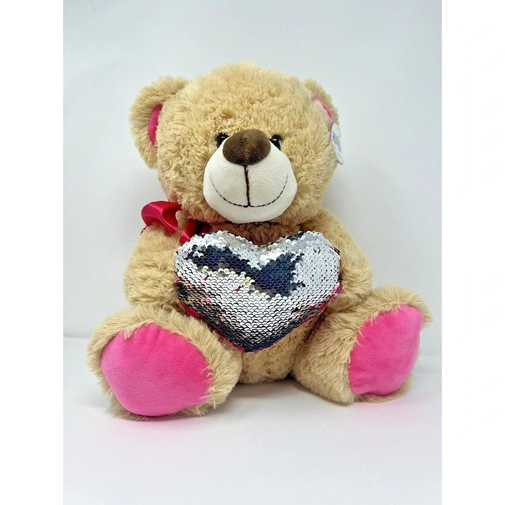 Hug&Luv Brown Bear and Pink Tie Plush Stuffed Toy w/ Heart Reversible Color Gift